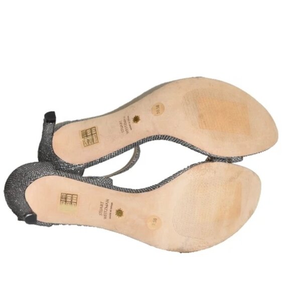 $500 STUART WEITZMAN nunaked 3.5" GLITTER GUNMETAL HEEL STRAP SANDAL 10.5 (TE10) - Picture 6 of 7